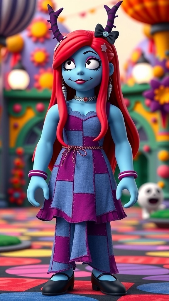 Roblox avatar inspired by Sally from The Nightmare Before Christmas, with patchwork dress and red hair.